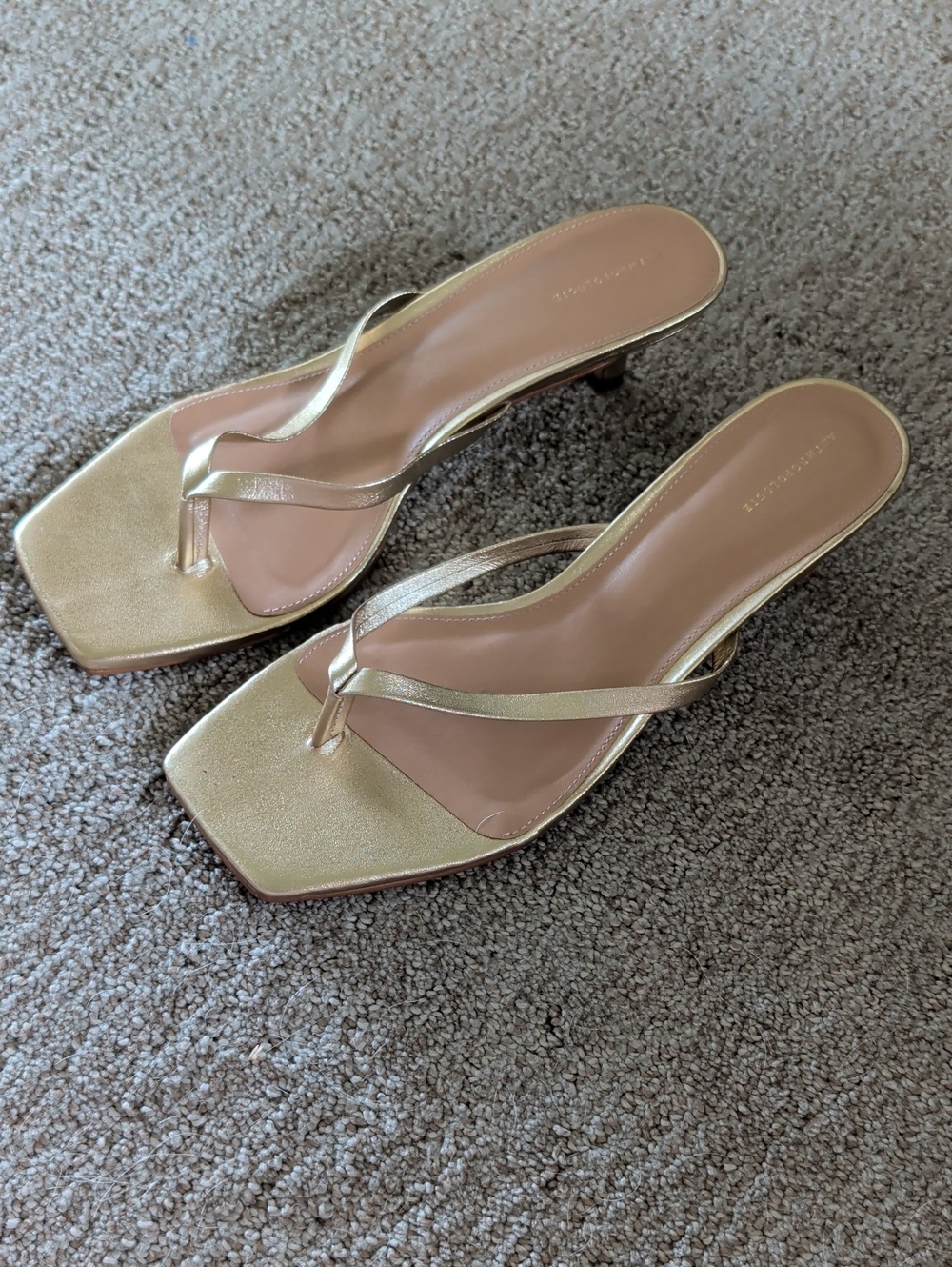 Gold Square-Toe Kitten Heel Thong Sandals